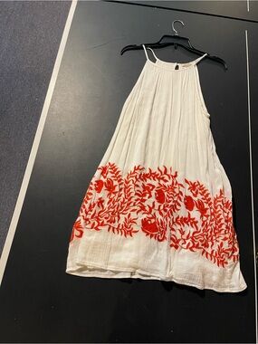 Lucky Brand White Gauze Halter Dress with Coral Floral Embroidery